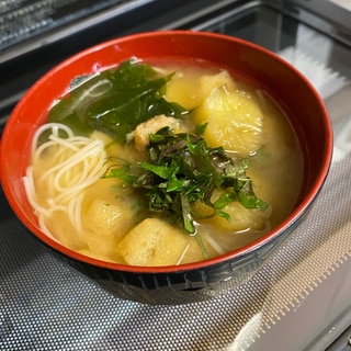 残り物を活用❣️焼きなす入りソーメンのお味噌汁